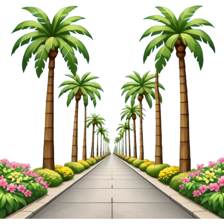 palm tree lined pedestrian pathway with tall green palm trees on both sides, colourful flowering bushes on each side, clear blue sky, bright sunny weather with symmetrical perspective view down the road. grey concrete road. warm tropical holiday vibe with sun and blue sky in background emoji
