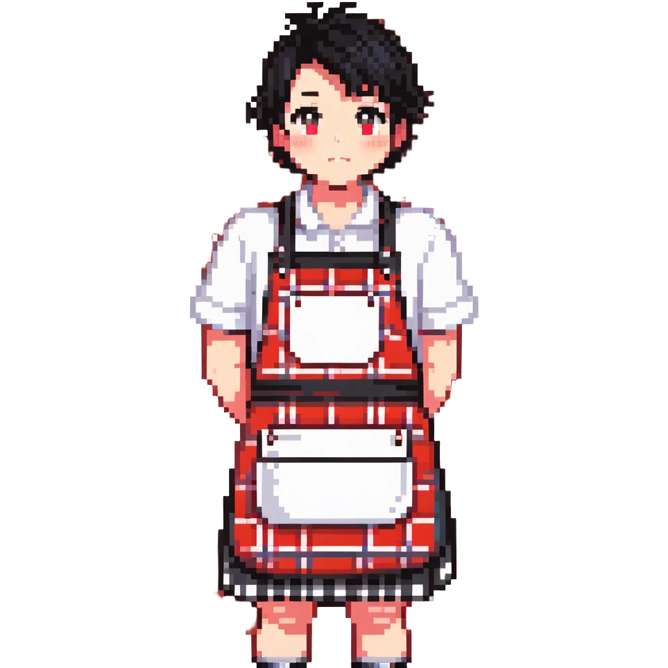 chubby boy with black hair styled upward in front, wearing a red and white checkered plaid apron emoji
