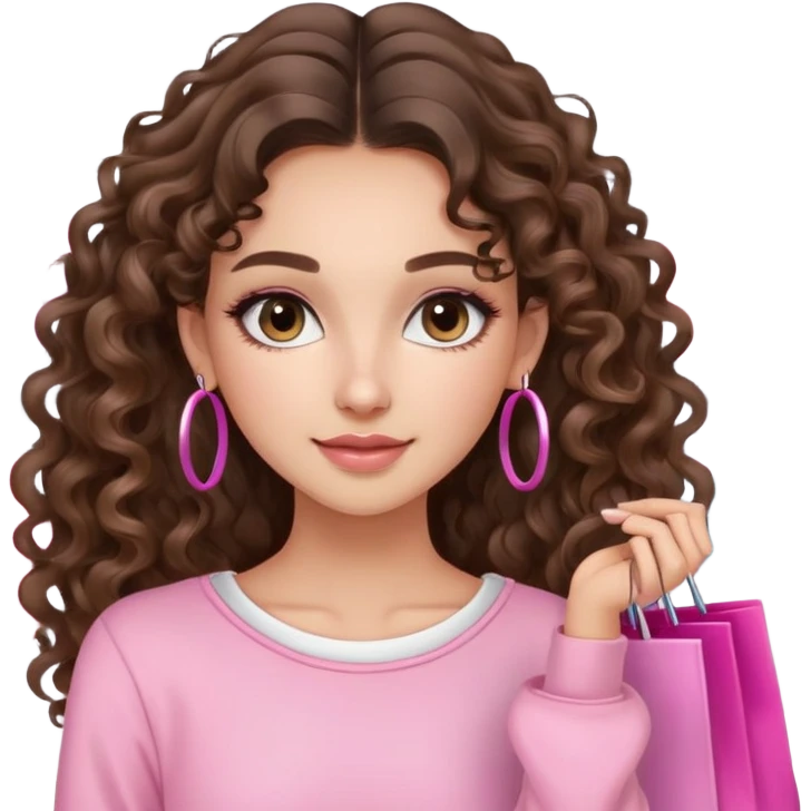 cute balayage brunette long hair curly/wavy haired girl, hoop earrings, clean girl makeup DOING SHOPPING WITH PINK CLOTHES ON emoji