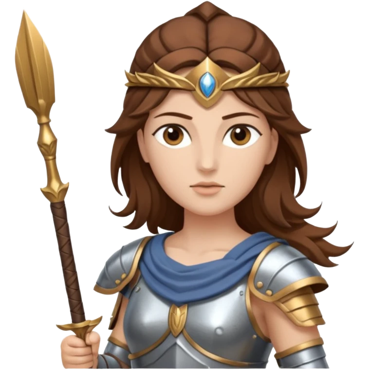 brown haired Athena the Greek goddess of disciplined, strategic warfare, calm, commanding figure leading with intelligence not force. wears light armour carries a spear, symbolising protection precise judgement. strategy, not aggression, embodying clarity, foresight and decisive action. emoji