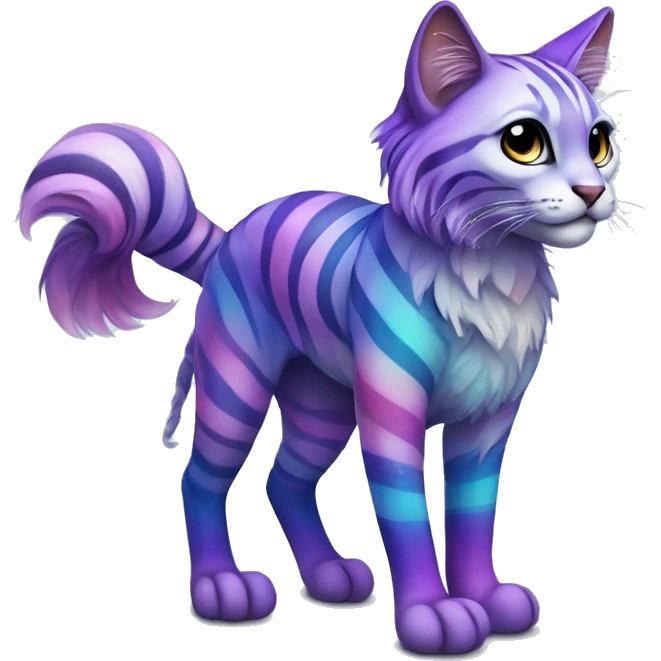 Colorful vernid fantasy creature LiLaiRa Kamirah Falvie whiskers paws full body sparkle purple blue gradient stripes braided tail feline emoji