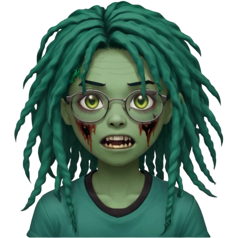 One girl greenskinned, zombie with glasses, with ombre black roots, dark teal long locks & side bang of her locs that fall over slightly covering the right eye, a sinister expression w/ the mouth open, teeth showing, and the jaw uneven. with a small wound near its mouth, her locks curly, black shirt emoji