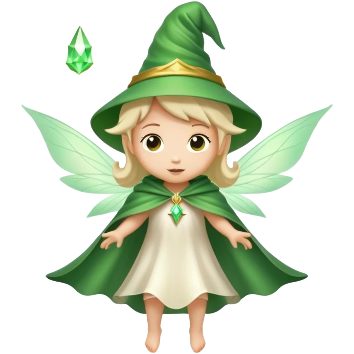 Little fairy with long white cape wearing a green wizard hat flying around emoji