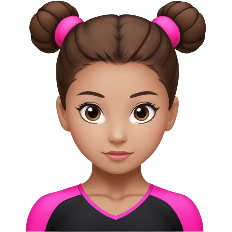 A female gymnast with brown hair in a neat bun, wearing a black uniform with neon pink elements. emoji