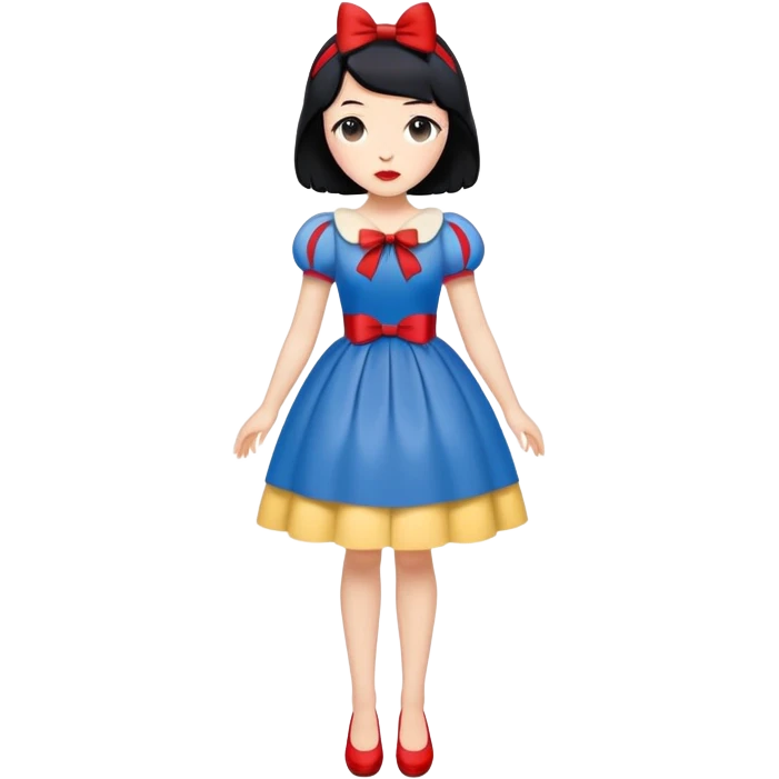 full body Snow White with blue and yellow dress, short black hair with red bow, minimal style emoji