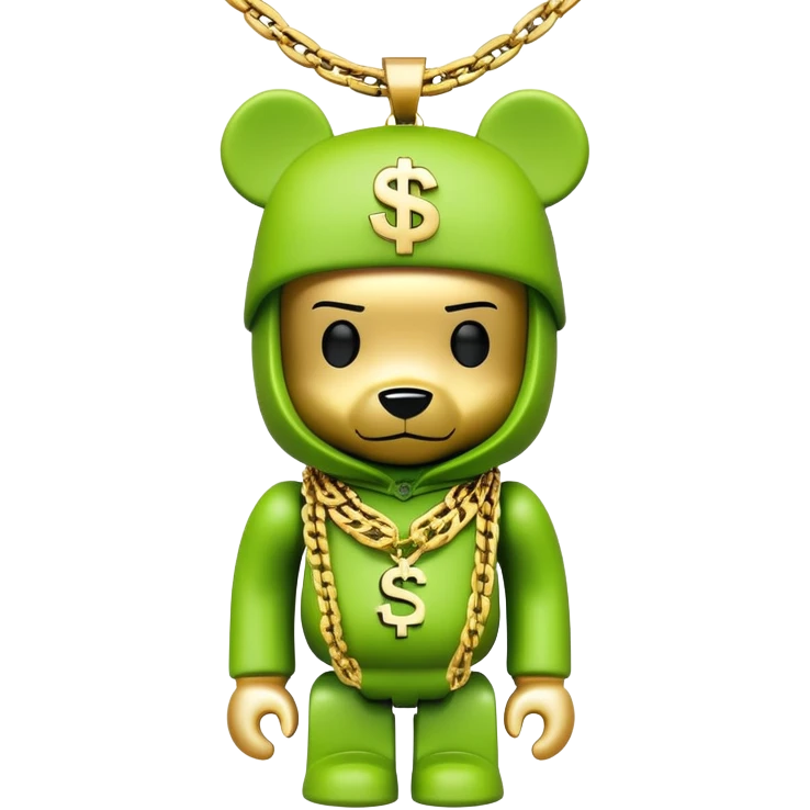 bearbrick with cube head in lime green balaclava tagged with multiple logos in graffiti style, wearing stacked gold chains, gold dollar sign pendant, luxury hip hop look emoji