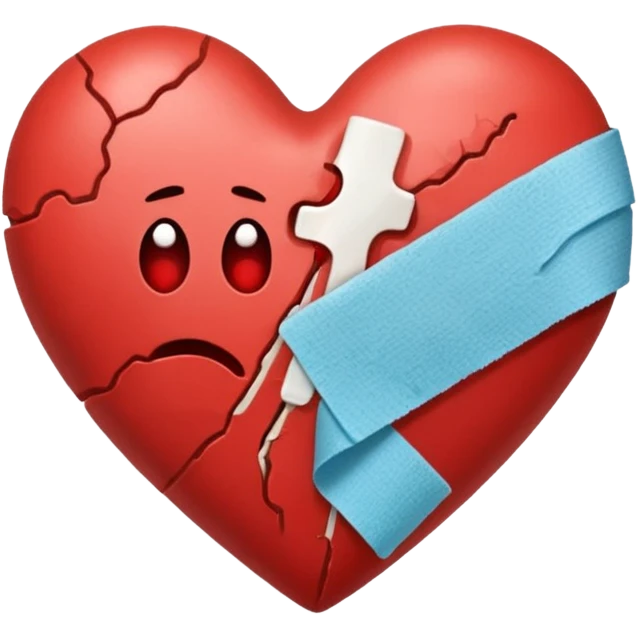 Un corazón roto con grietas  sangrando y expulsando sangre rodeado de vendas y tiritas que se despegan sin hacer efecto emoji