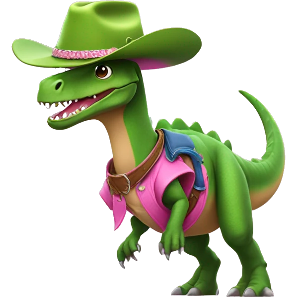 rex dinosaur surfing a pink wave dressed as a cowboy and with a green hat emoji
