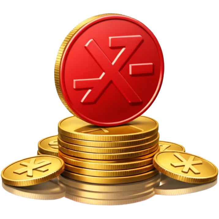 Apple emoji style, glossy 3D icon a red prohibition symbol (🚫) over a stack of shiny golden coins. The coins have soft reflections, rounded edges, and a small red X embossed on the top coin emoji