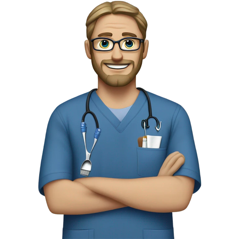 male dark blond with goatee beard doctor with hazel eyes and wire rim glasses in dark blue scrubs holding a paintbrush and a jigsaw  emoji