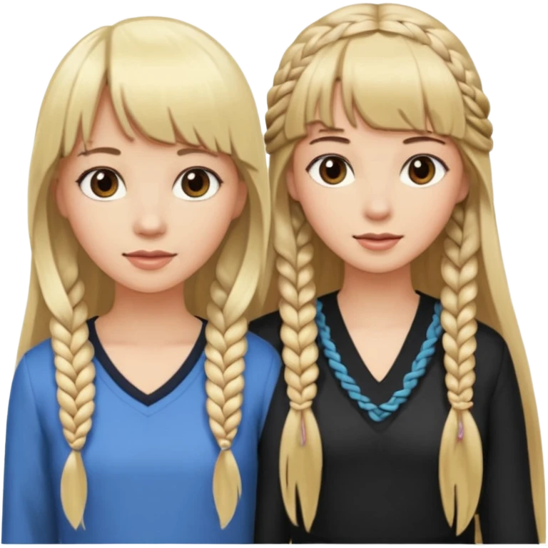 Woman very long flowing blonde hair With BANGS standing next to woman DARK BROWN HAIR with BANGS ONE BRAID on one side.   emoji