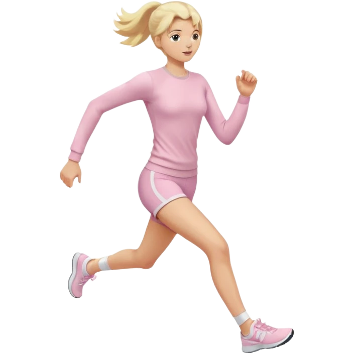 A girl in light pink tight-fitting sportswear, a long-sleeved fitted sweater and shorts is running, her hair is long, blonde, and straight, wearing white sneakers. emoji