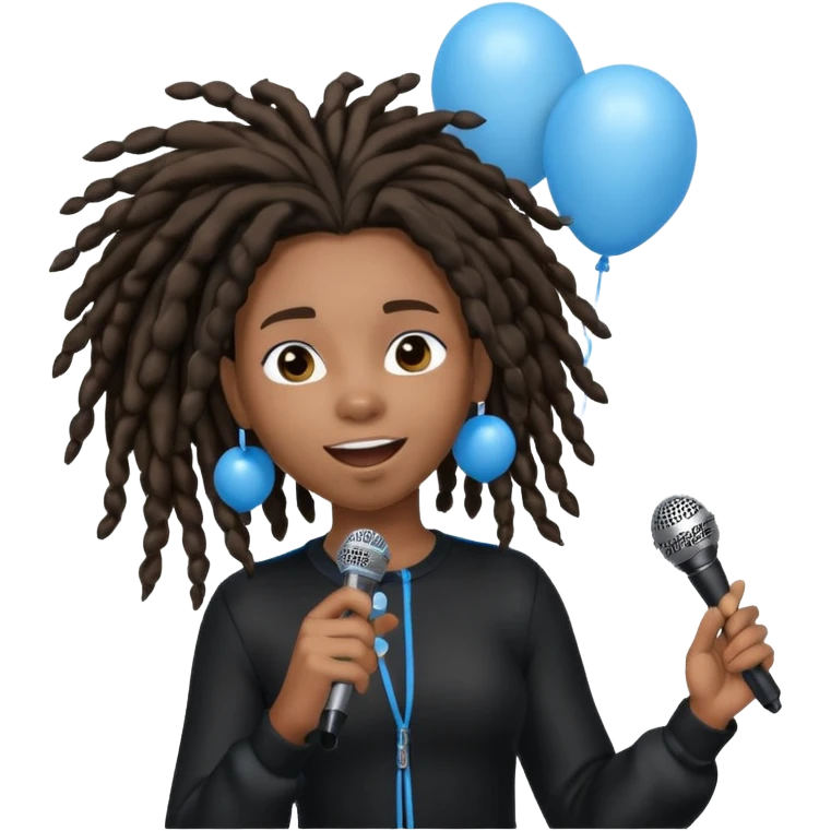 Black girl Stud with dreadlocks singing dressed in black 1,2,3 release em with white and blue balloons flying overhead emoji like with mic in hand  emoji