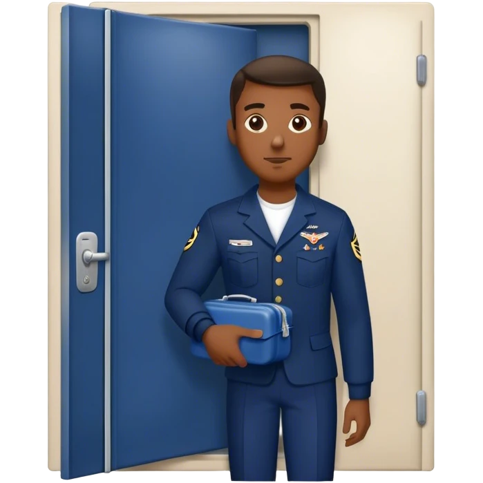 Black Man exiting door with lunch box that is navy blue emoji