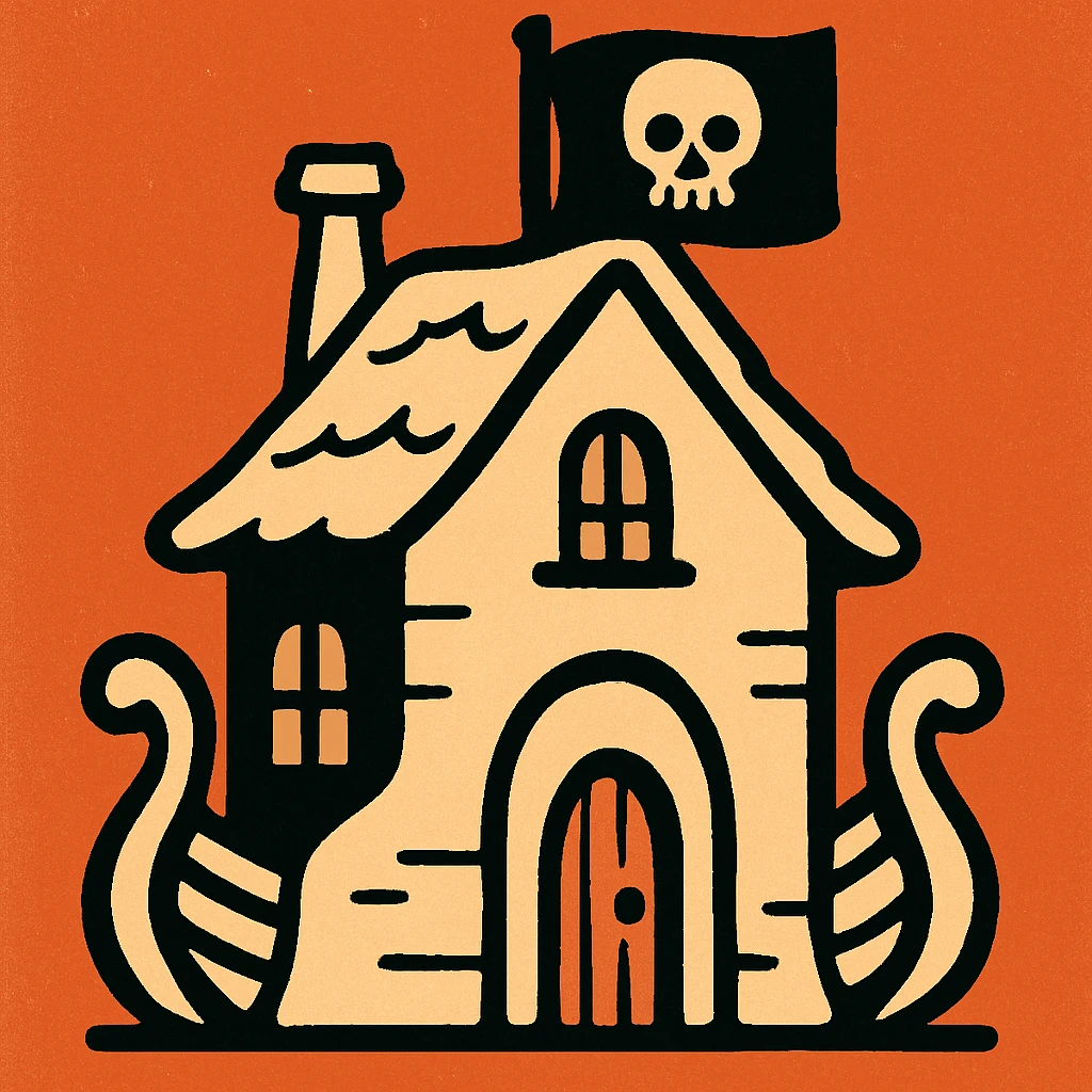 old pirate's house with skull flag emoji