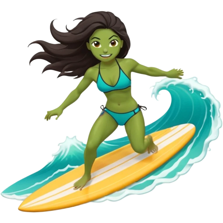 ork female surfer riding big turquoise wave, muscular green body, fierce tusked grin, sporty bikini top and board shorts, long windswept dark hair, focused eyes, surfboard under feet, minimal ocean and sky background, centered emoji, vibrant summer colors, sticker style emoji