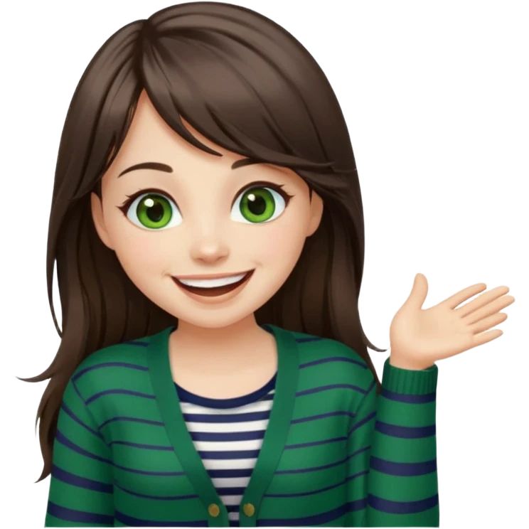 Gorgeous brunette girl green eyes, striped cardigan, with swoop bangs and long hair having fun, laughing emoji