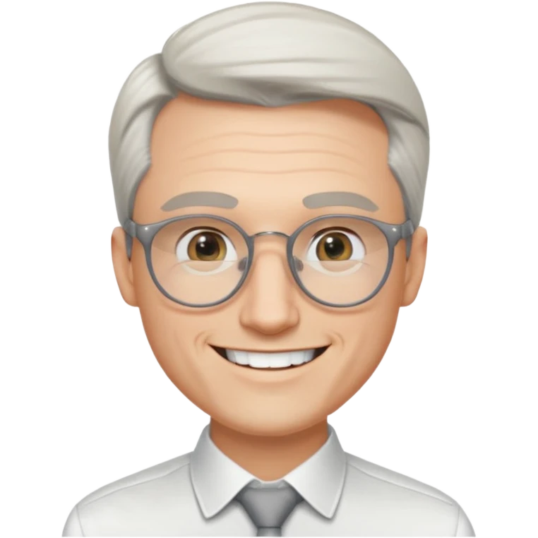 30 yr old pale white man, white/grey side swept stylish hair, round glasses, big smile, white teeth, handsome, longer hair, thin glasses, white dress shirt, smooth forehead, botox emoji