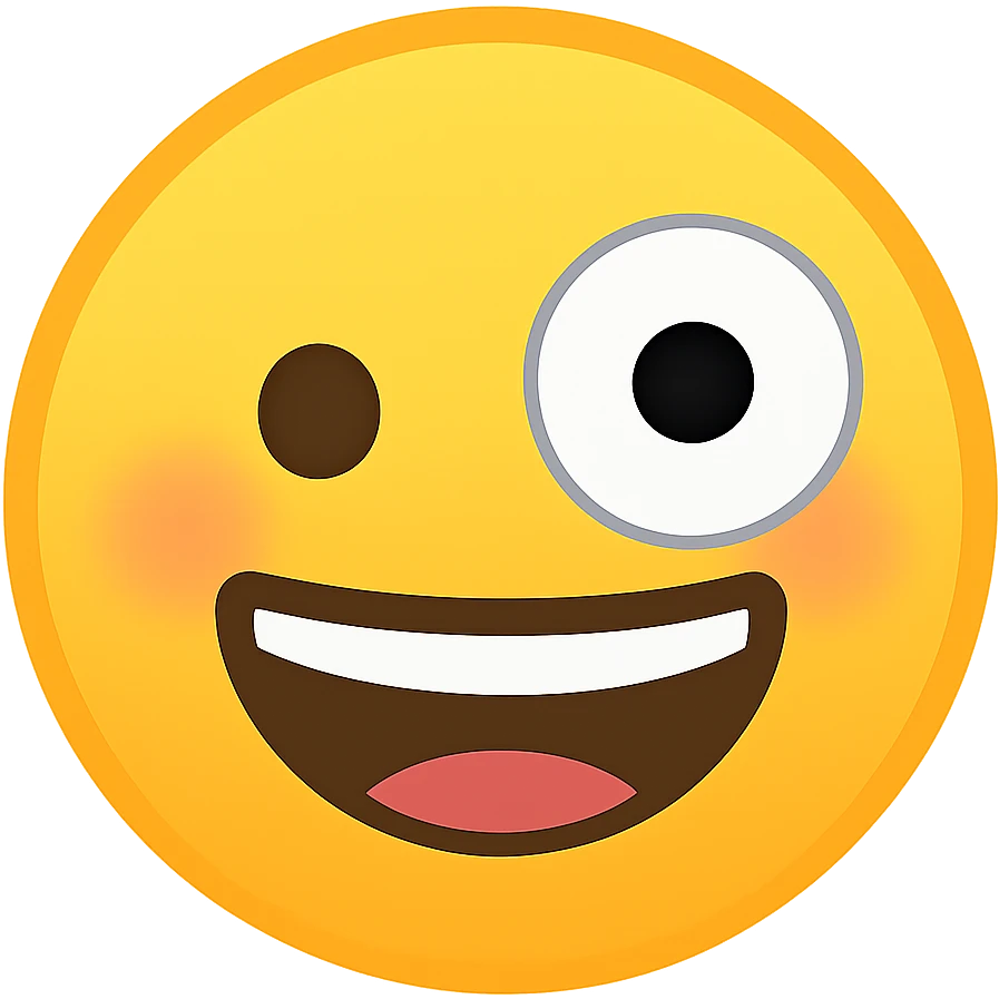 Make this a classic smiley yellow circled emoji with one large and one small eye, in the style of Emojipedia. Keep the background transparent. emoji