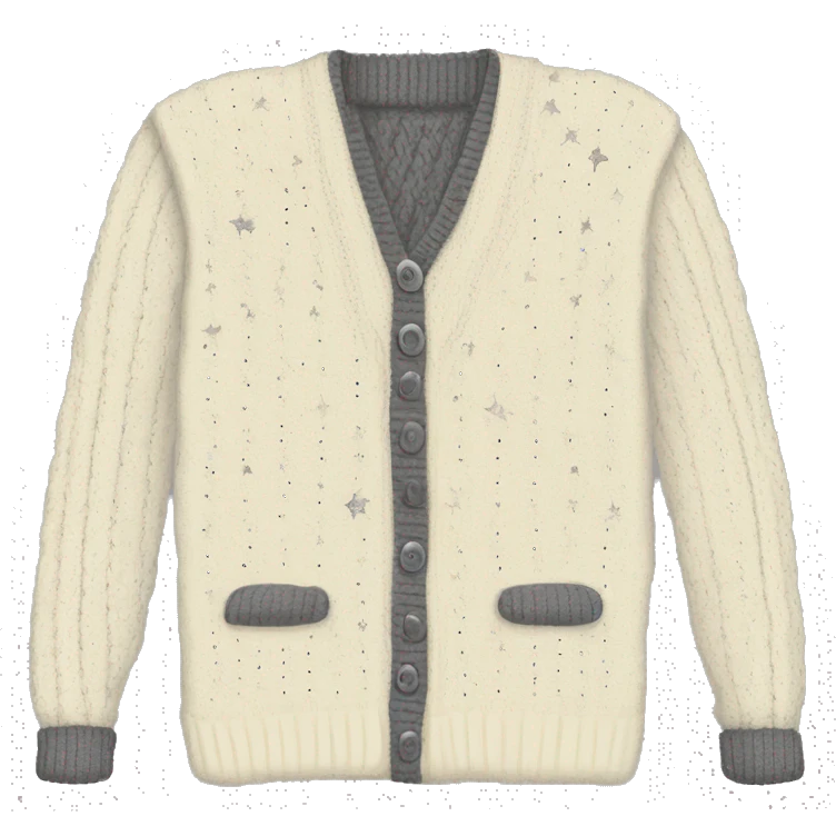 a cream cable knit sweater with a thin dark gray stripe lining the inside near the buttons and the  bottom edge of the cardigan and the sleeves and silver stars on the elbows of sleeves with  emoji