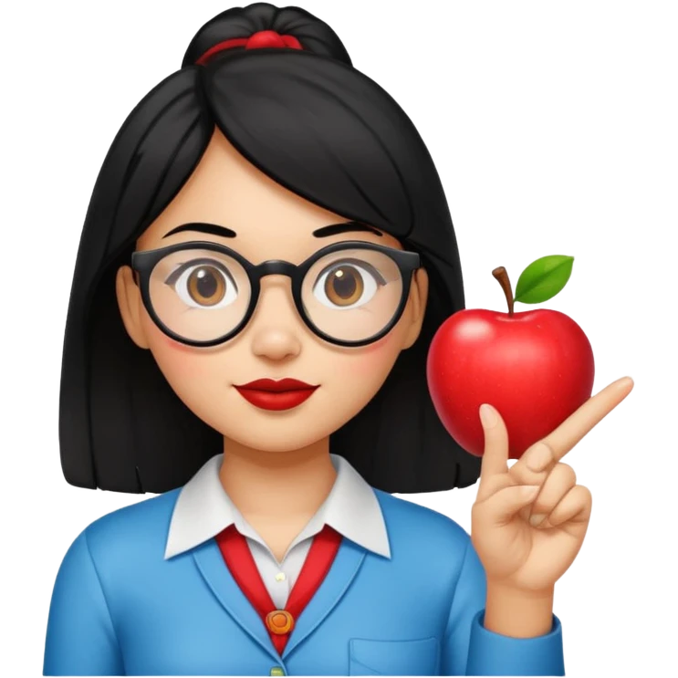 Guatemalan Girl with Black hair and Nerdy Glasses sticking up pointer finger, holding an apple emoji