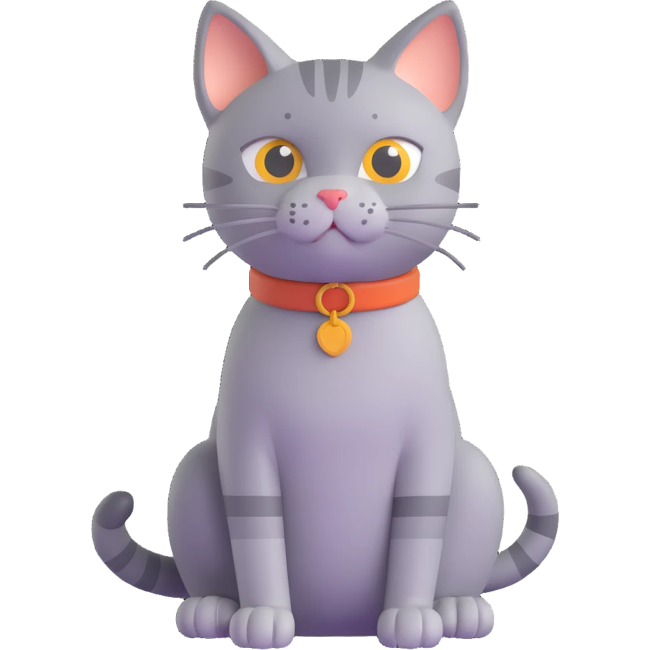 3D cartoon style cat character, grey pepper color, sitting pose emoji