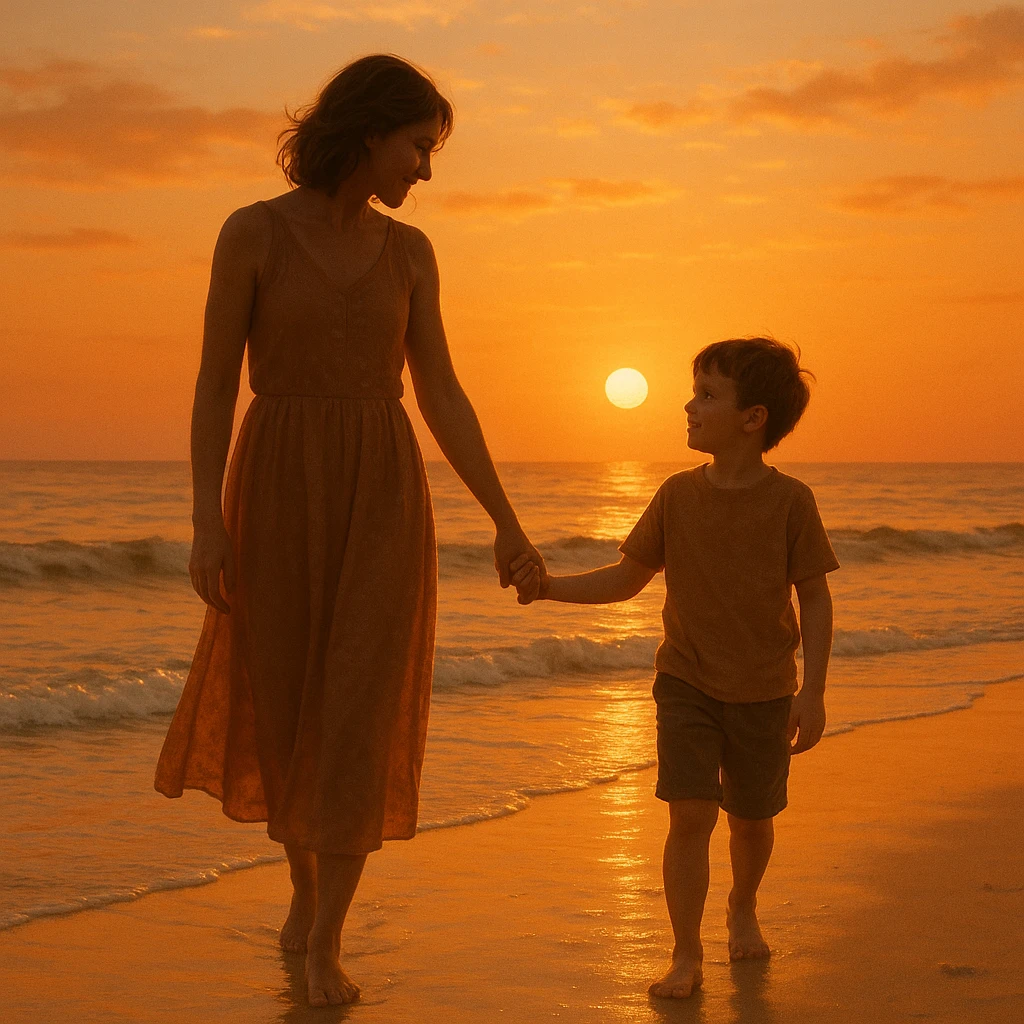A mother and son walking hand in hand at the beach during sunset, warm colors, peaceful atmosphere emoji