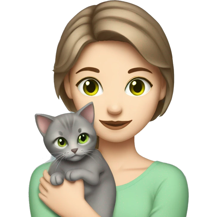 blue eyes grey kitten hugging brown short hair green eyes woman emoji