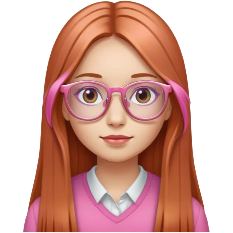 chica de tez clara con cabello lacio, largo y cobrizo, con lentes rosas emoji