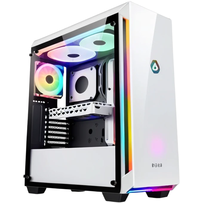 White gaming PC RGB mid-tower case with glass side panel in left and fron emoji