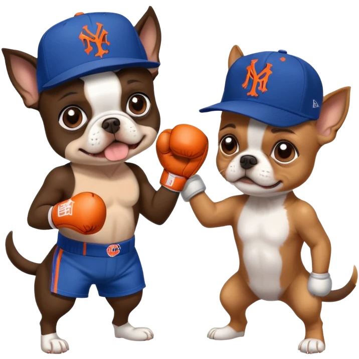 Brown Boston terrier wearing a New York Mets hat boxing a yorkie with a New York Yankees hat emoji