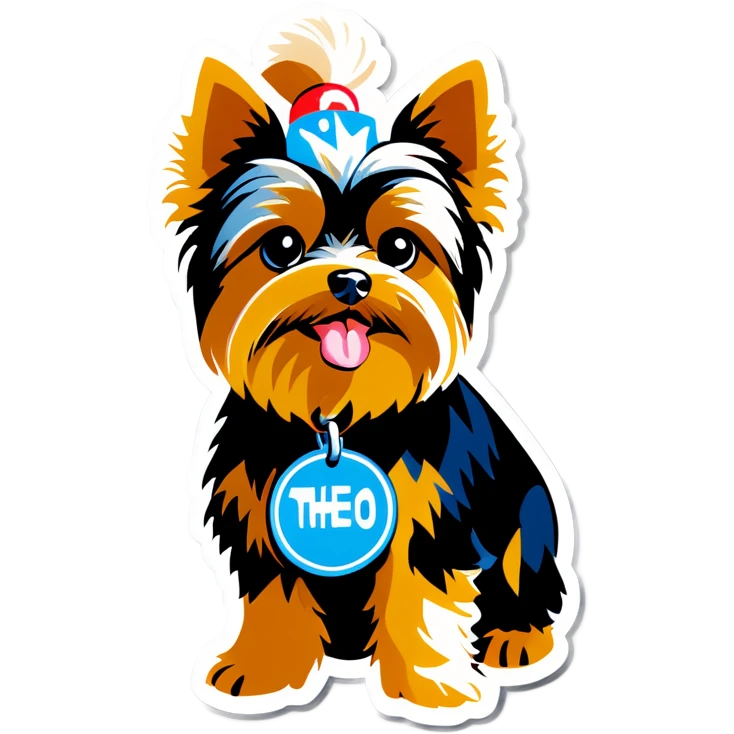 Yorkie with a dog tag that says theo emoji