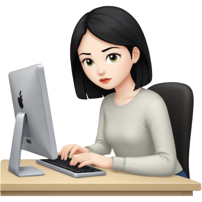 Uma menina de cabelo preto trabalhando no computador emoji