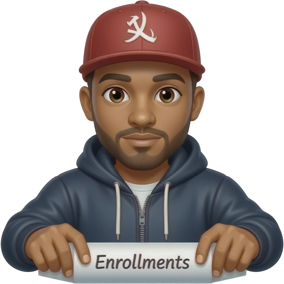 white man dressed like a rapper rolling a paper that says enrollments emoji