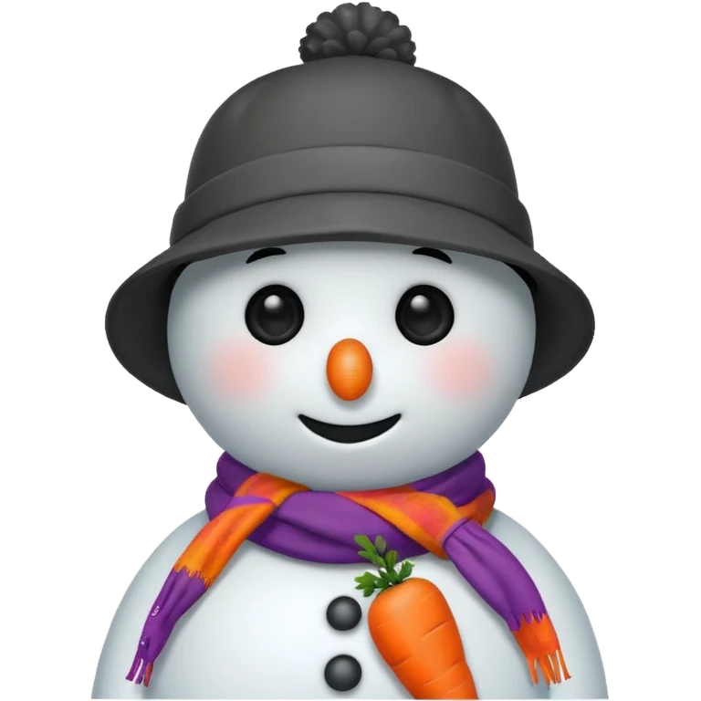 A snowman wearing a colorful scarf and a tiny bucket hat. emoji