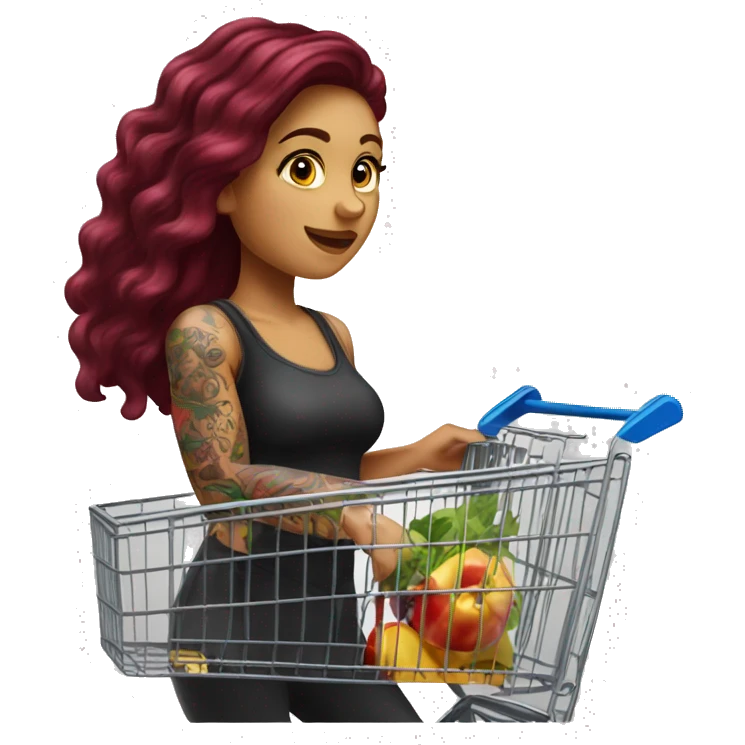 Beautiful tattooed burgundy long haired woman pushing shopping cart emoji