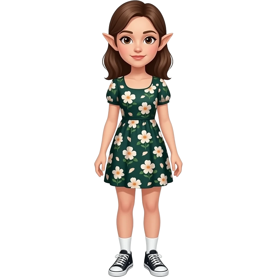 A white/fair skinned woman with brown hair, brown eyes and pointy ears, and wearing a dark green floral dress with white socks and black sneakers. emoji