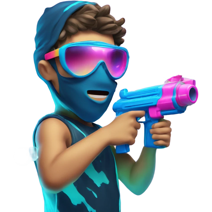 Caucasian boy in glowing rave outfit with mask, sunglasses, and headgear, shooting bubbles out of a water gun emoji