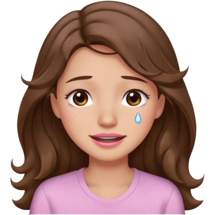 girl with wavy long brown hair, brown eyes, light to medium complexion, long lashes, light pink lipstick, wearing light pink shirt, smiling, crying  emoji