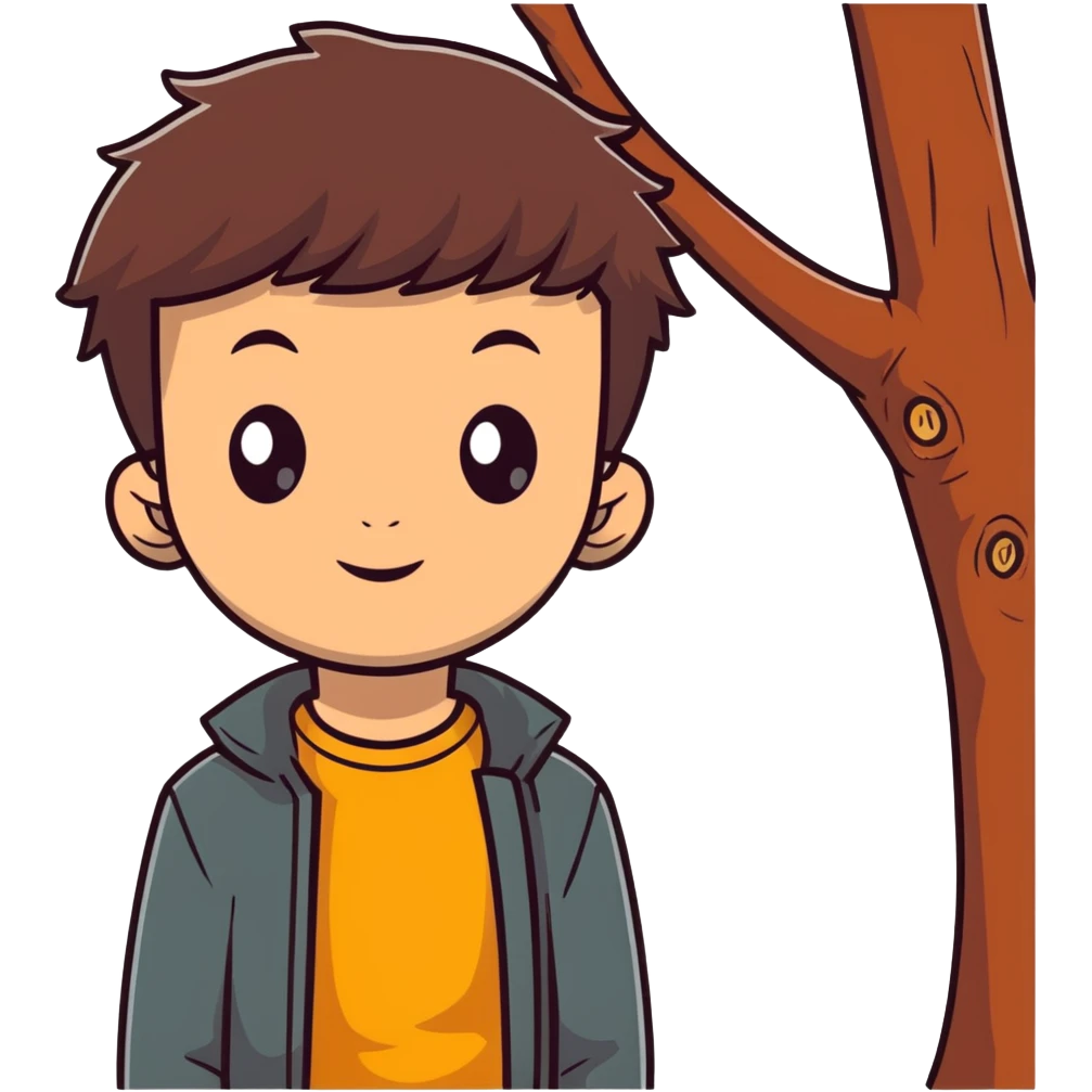 boy with brunette hair brown eyes and tree behind emoji