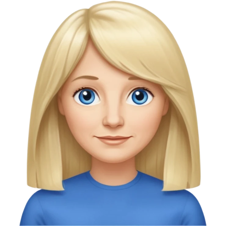 50 yr old white woman, curtain bangs, very long straight blond hair, oval face, small smile, blue eyes, thin face, hair down to elbows, round cheeks, pale, longer hair emoji
