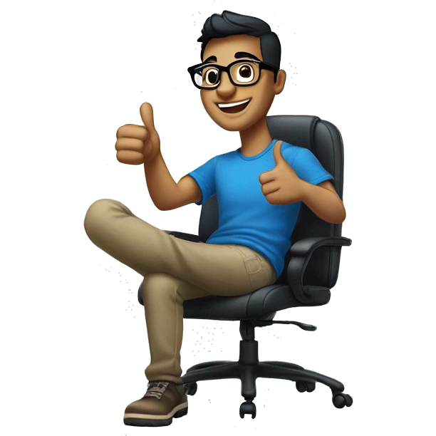A cheerful young man with short black hair and stylish glasses, smiling broadly while giving a thumbs up. He is wearing a blue t-shirt, seated in a modern office chair against a softly lit, neutral background.  emoji