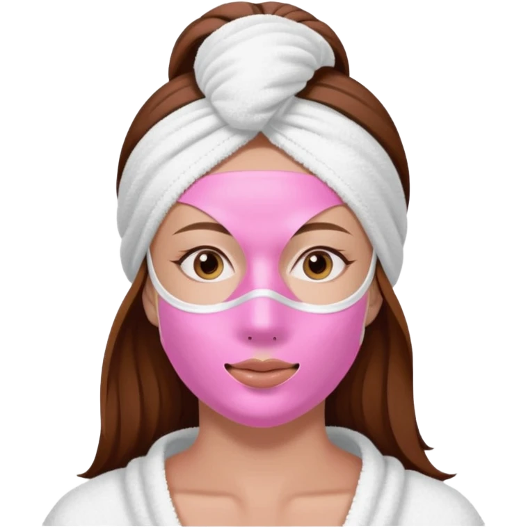 Lady with brown hair, white towel around her head, pink face mask spa beauty full face relaxing emoji