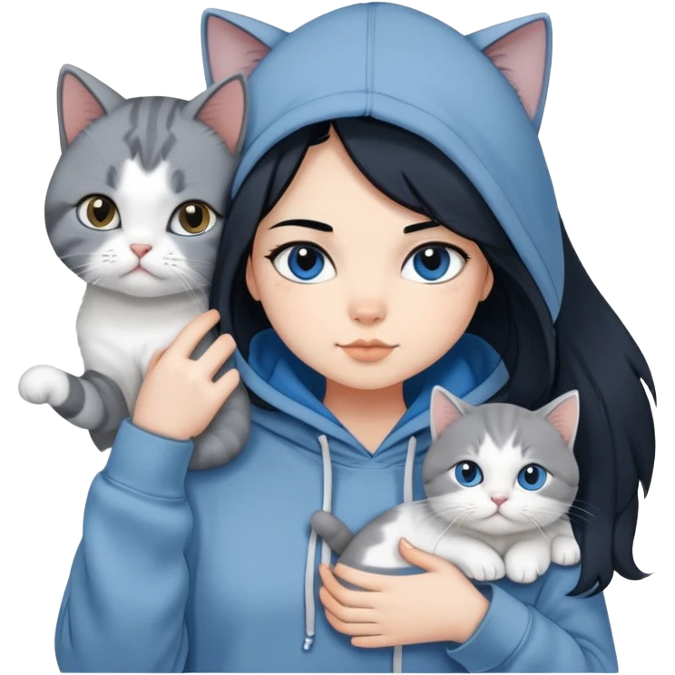 Girl with black hair in gray hoodie with a British shorthair blue and white cat and a long-haired blue and white cat emoji
