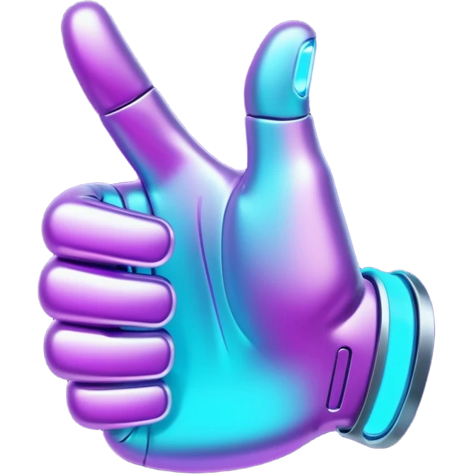 futuristic glowing thumbs up, neon purple and cyan light, dark background, digital tech style emoji