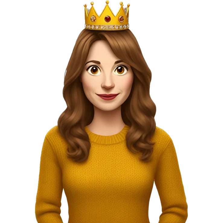 White English woman with long brown hair and face framing layered bangs dressed in a mustard yellow sweater with birthday crown and negroni in hand emoji