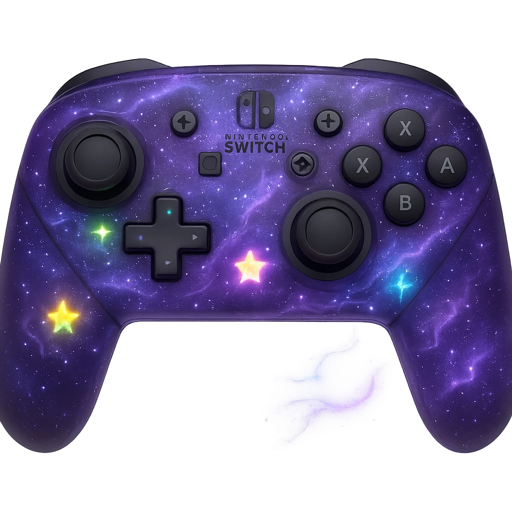 Nintendo Switch Pro controller with a purple galaxy theme, RGB light-up stars, glowing cosmic effects, vibrant and playful emoji