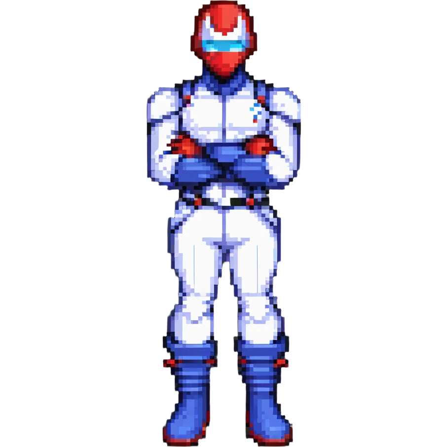 Omni-Man from Invincible, standing with arms crossed, blue and white suit, red boots and gloves, determined look, pixel art style emoji