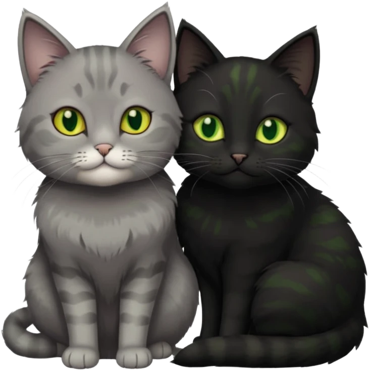 1 grey cat with green eyes and 1 black with yellow/green eyes cat cuddling emoji