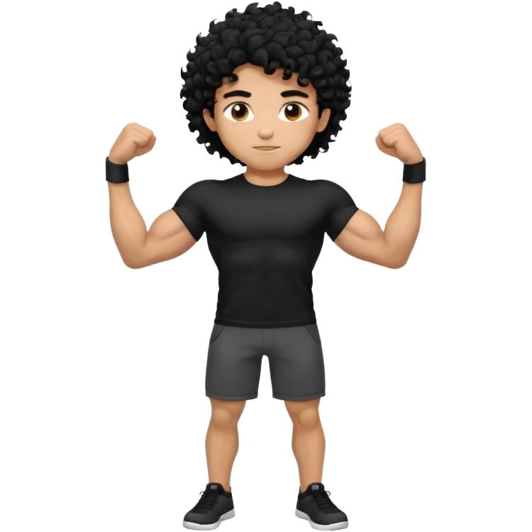 full body view of muscular teen boy with veiny hands arms and biceps. has messy black curly hair with dark-tan skintone with black tshirt emoji
